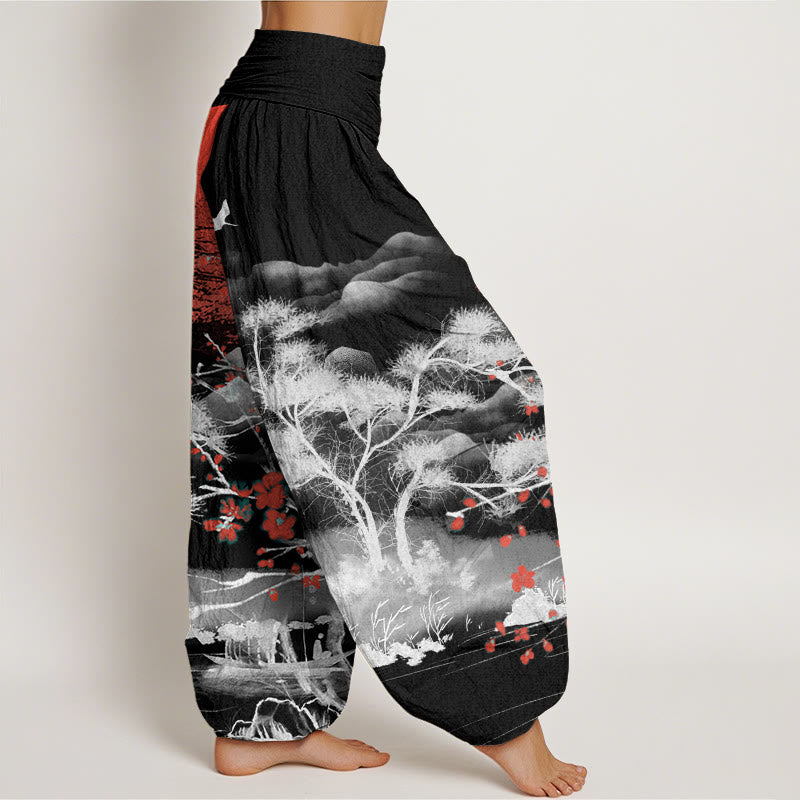 Pantalones harén con cintura elástica para mujer, informales, con estampado de flores de ciruelo rojo y montañas y sol, de Buddha Stones - image 7