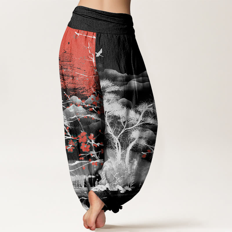 Pantalones harén con cintura elástica para mujer, informales, con estampado de flores de ciruelo rojo y montañas y sol, de Buddha Stones - image 5