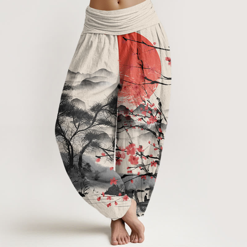 Pantalones harén con cintura elástica para mujer, informales, con estampado de flores de ciruelo rojo y montañas y sol, de Buddha Stones - Beige - US22，UK/AU26，EU54 (6XL) - image 7