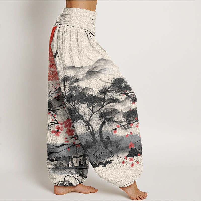 Pantalones harén con cintura elástica para mujer, informales, con estampado de flores de ciruelo rojo y montañas y sol, de Buddha Stones - image 9