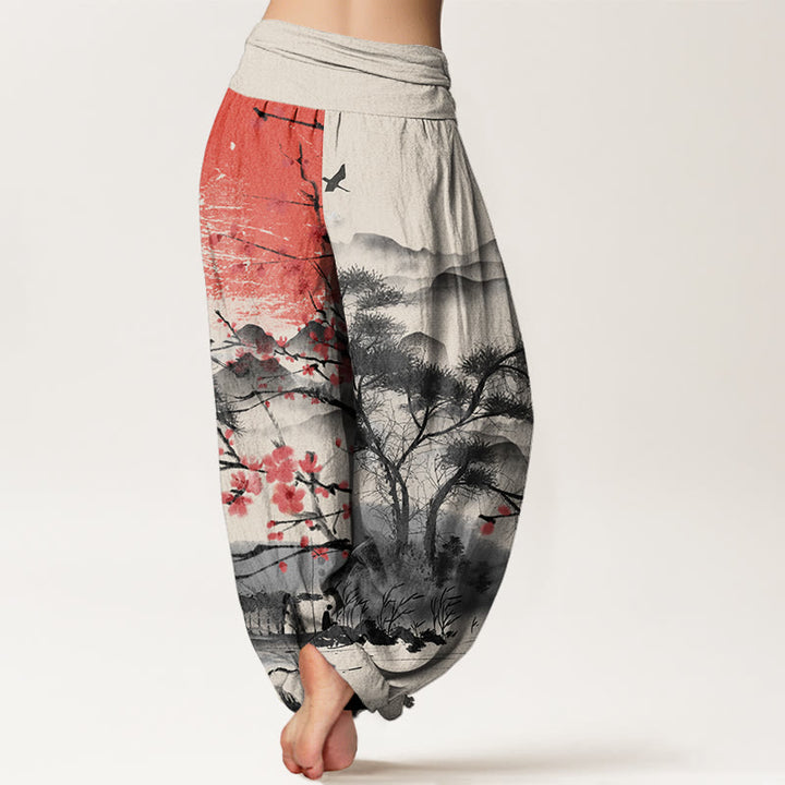Pantalones harén con cintura elástica para mujer, informales, con estampado de flores de ciruelo rojo y montañas y sol, de Buddha Stones - image 9