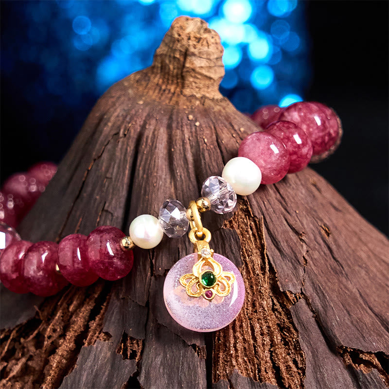 Pulsera de cuarzo rosa natural con Buddha Stones y hebilla de paz con energía amorosa