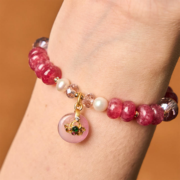 Pulsera de cuarzo rosa natural con Buddha Stones y hebilla de paz con energía amorosa