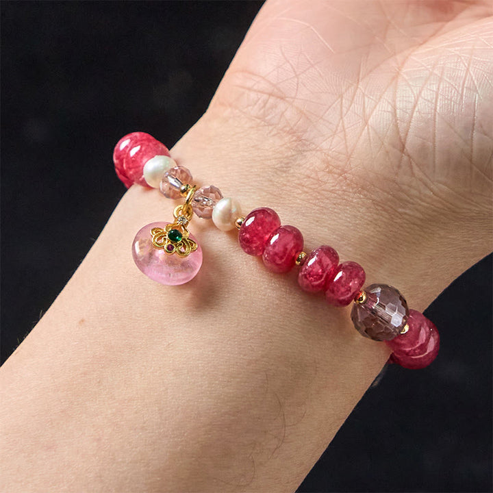 Pulsera de cuarzo rosa natural con Buddha Stones y hebilla de paz con energía amorosa