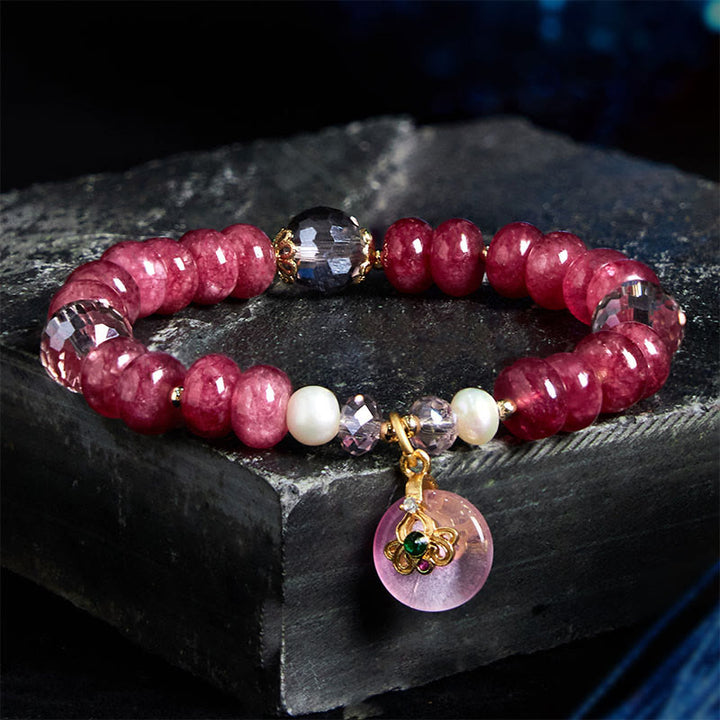 Pulsera de cuarzo rosa natural con Buddha Stones y hebilla de paz con energía amorosa