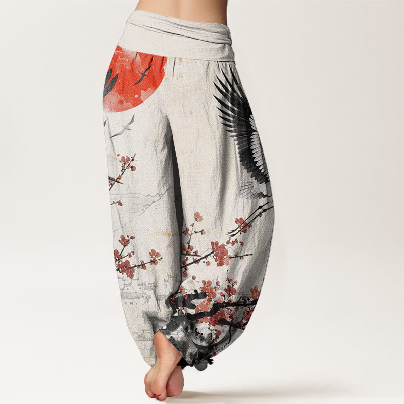 Pantalones harén de cintura elástica para mujer con diseño de flor de ciruelo rojo, grulla de corona roja y Buddha Stones - image 2