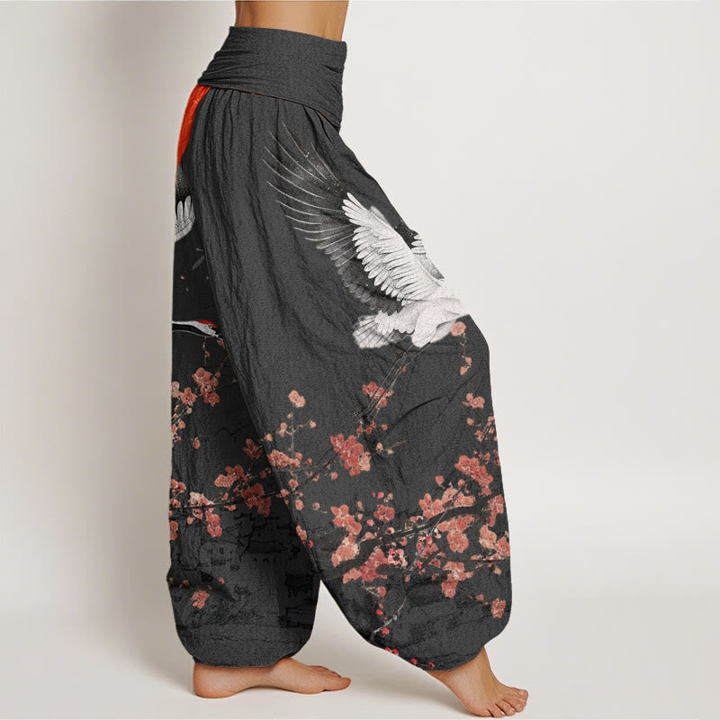 Pantalones harén de cintura elástica para mujer con diseño de flor de ciruelo rojo, grulla de corona roja y Buddha Stones - image 7