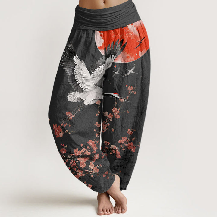 Pantalones harén de cintura elástica para mujer con diseño de flor de ciruelo rojo, grulla de corona roja y Buddha Stones - Negro - US22，UK/AU26，EU54 (6XL) - image 5