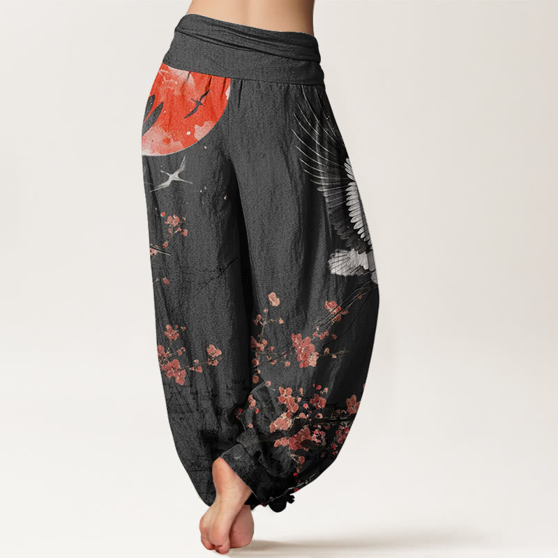 Pantalones harén de cintura elástica para mujer con diseño de flor de ciruelo rojo, grulla de corona roja y Buddha Stones - image 6