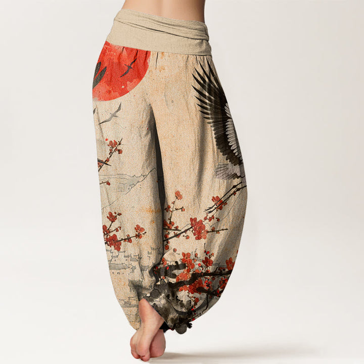 Pantalones harén de cintura elástica para mujer con diseño de flor de ciruelo rojo, grulla de corona roja y Buddha Stones - image 9