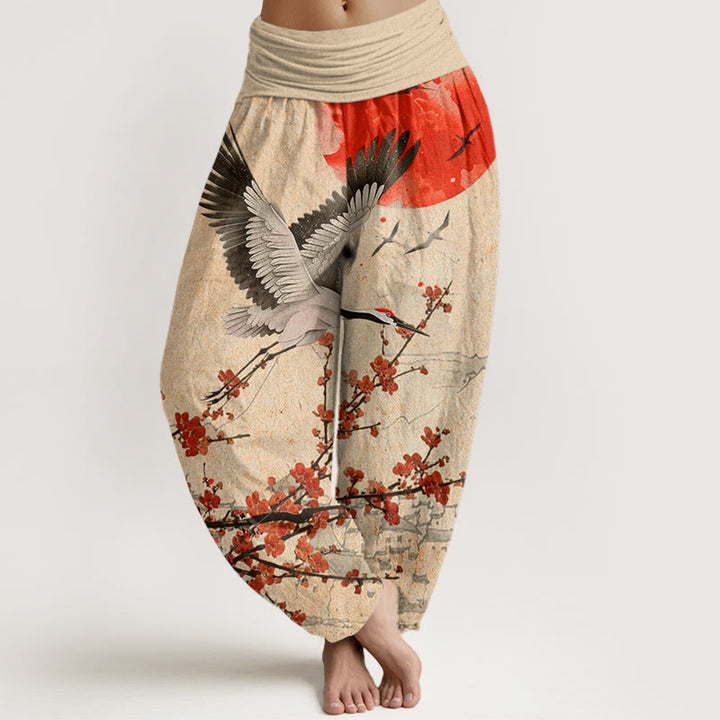 Pantalones harén de cintura elástica para mujer con diseño de flor de ciruelo rojo, grulla de corona roja y Buddha Stones - Caqui - US22，UK/AU26，EU54 (6XL) - image 8