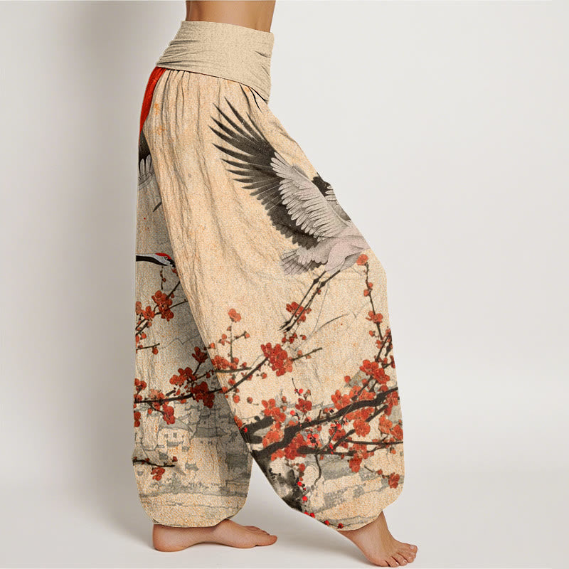 Pantalones harén de cintura elástica para mujer con diseño de flor de ciruelo rojo, grulla de corona roja y Buddha Stones - image 10