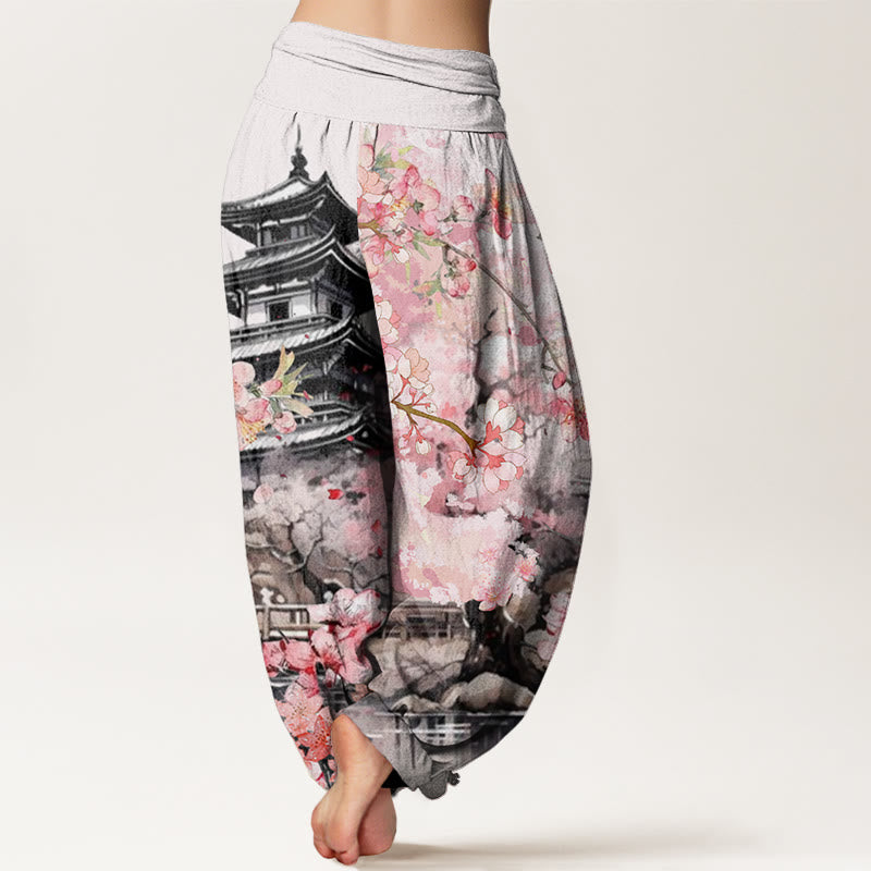 Pantalones harén con cintura elástica para mujer con estampado de flor de cerezo y pabellón de Buddha Stones - image 1