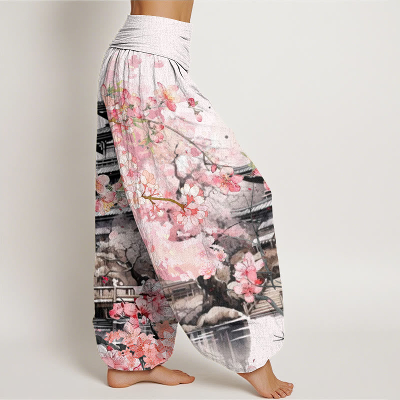 Pantalones harén con cintura elástica para mujer con estampado de flor de cerezo y pabellón de Buddha Stones - image 3