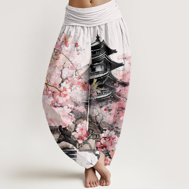 Pantalones harén con cintura elástica para mujer con estampado de flor de cerezo y pabellón de Buddha Stones - Blanco - US22，UK/AU26，EU54 (6XL) - image 0