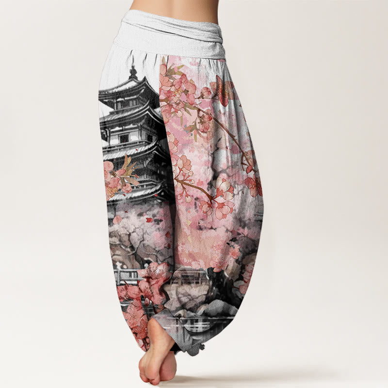 Pantalones harén con cintura elástica para mujer con estampado de flor de cerezo y pabellón de Buddha Stones - image 5