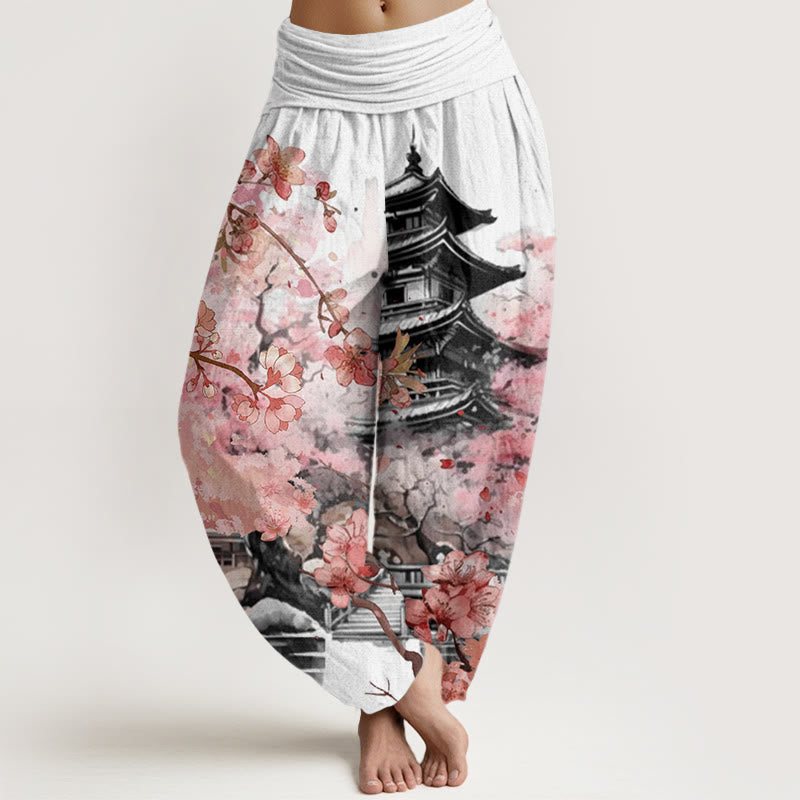 Pantalones harén con cintura elástica para mujer con estampado de flor de cerezo y pabellón de Buddha Stones - Nieve - US22，UK/AU26，EU54 (6XL) - image 5
