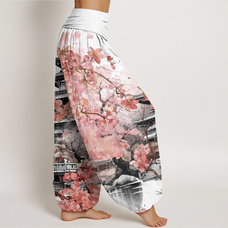 Pantalones harén con cintura elástica para mujer con estampado de flor de cerezo y pabellón de Buddha Stones - image 6