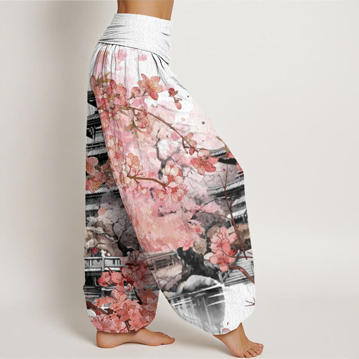 Pantalones harén con cintura elástica para mujer con estampado de flor de cerezo y pabellón de Buddha Stones - image 6
