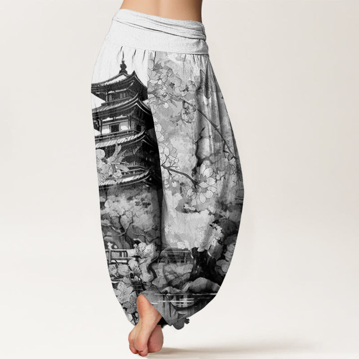 Pantalones bombachos de cintura elástica para mujer con estampado de flores de cerezo y diseño de pabellón de algodón con Buddha Stones - image 8