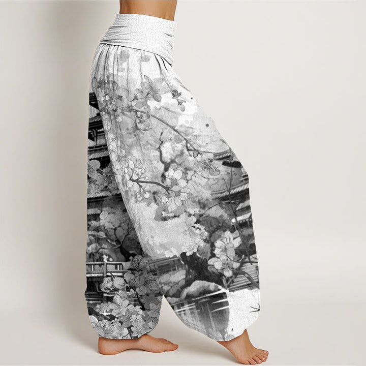 Pantalones harén con cintura elástica para mujer con estampado de flor de cerezo y pabellón de Buddha Stones - image 9