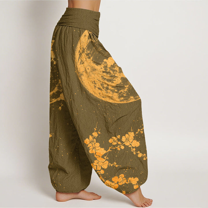 Pantalones harén con cintura elástica para mujer con diseño de flor de ciruelo dorada y luna llena de Buddha Stones - image 6