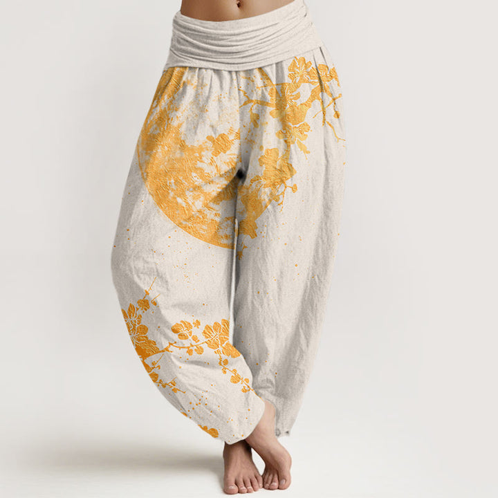 Pantalones harén con cintura elástica para mujer con diseño de flor de ciruelo dorada y luna llena de Buddha Stones - Beige - US22，UK/AU26，EU54 (6XL) - image 7