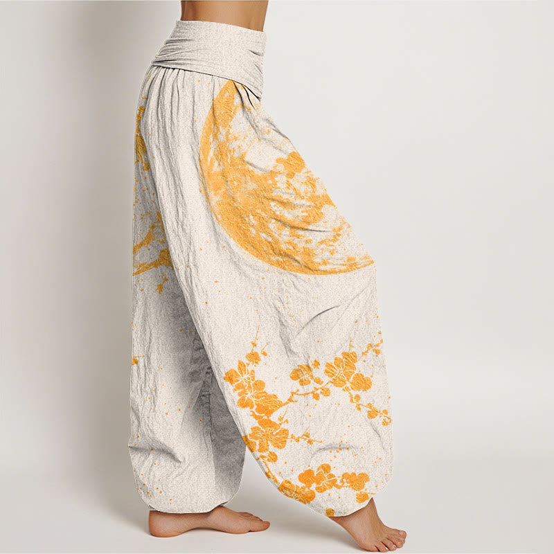 Pantalones harén con cintura elástica para mujer con diseño de flor de ciruelo dorada y luna llena de Buddha Stones - image 9
