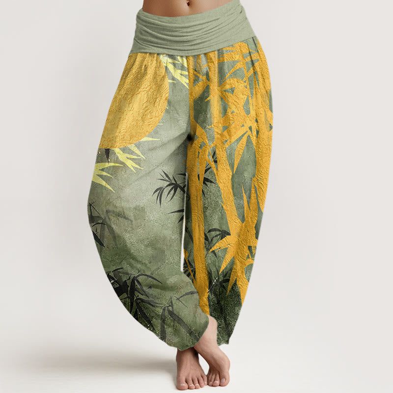 Pantalones harén con cintura elástica para mujer, con diseño de hojas de bambú y luna llena, de Buddha Stones - Verde claro - US22，UK/AU26，EU54 (6XL) - image 1