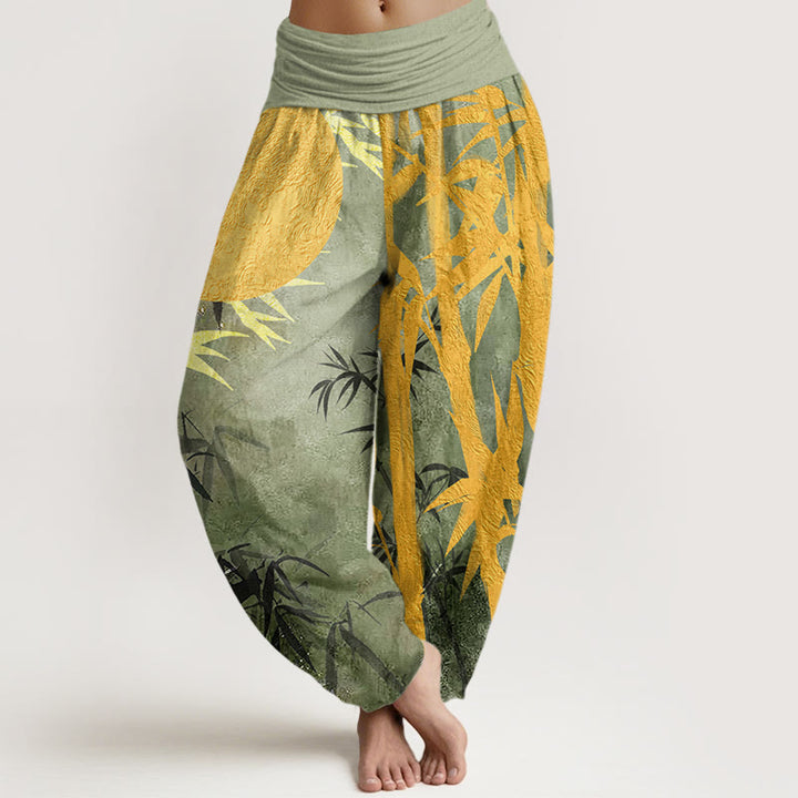 Pantalones harén con cintura elástica para mujer, con diseño de hojas de bambú y luna llena, de Buddha Stones - Verde claro - US22，UK/AU26，EU54 (6XL) - image 1