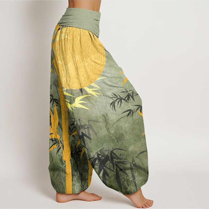 Pantalones bombachos de cintura elástica para mujer con estampado de hojas de bambú , Buddha Stones y luna llena de algodón. - image 2