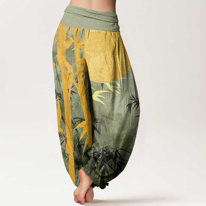 Pantalones bombachos de cintura elástica para mujer con estampado de hojas de bambú , Buddha Stones y luna llena de algodón. - image 1