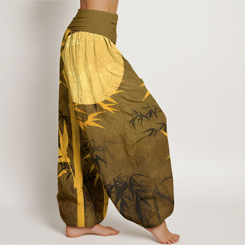 Pantalones harén con cintura elástica para mujer, con diseño de hojas de bambú y luna llena, de Buddha Stones - image 7