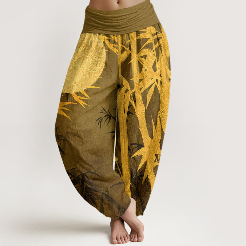 Pantalones harén con cintura elástica para mujer, con diseño de hojas de bambú y luna llena, de Buddha Stones - Caqui oscuro - US22，UK/AU26，EU54 (6XL) - image 5