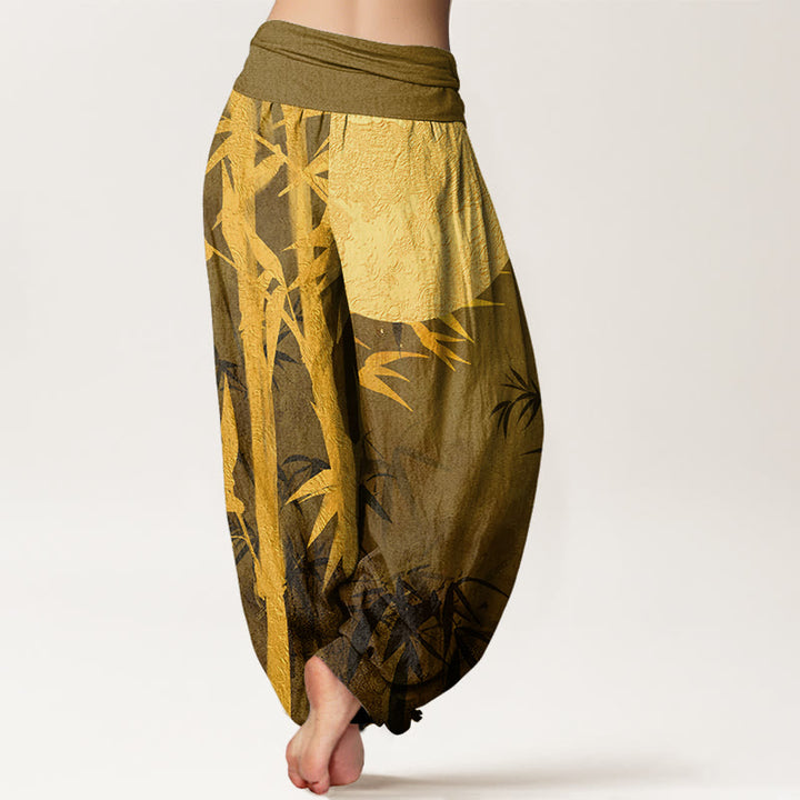 Pantalones harén con cintura elástica para mujer, con diseño de hojas de bambú y luna llena, de Buddha Stones - image 6