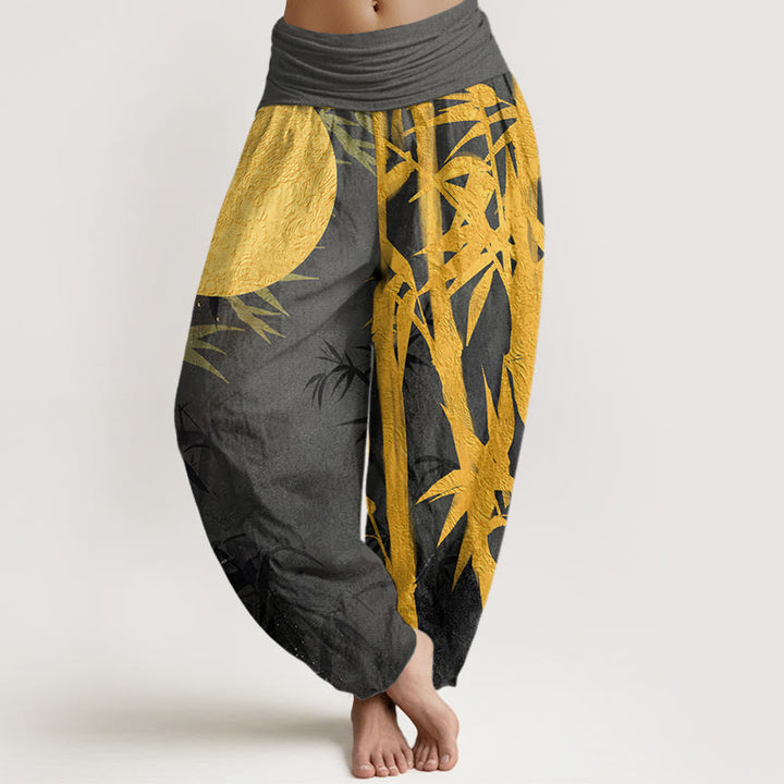 Pantalones harén con cintura elástica para mujer, con diseño de hojas de bambú y luna llena, de Buddha Stones - Gris pizarra oscuro - US22，UK/AU26，EU54 (6XL) - image 8