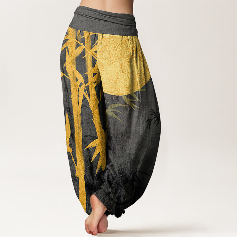 Pantalones bombachos de cintura elástica para mujer con estampado de hojas de bambú , Buddha Stones y luna llena de algodón. - image 8