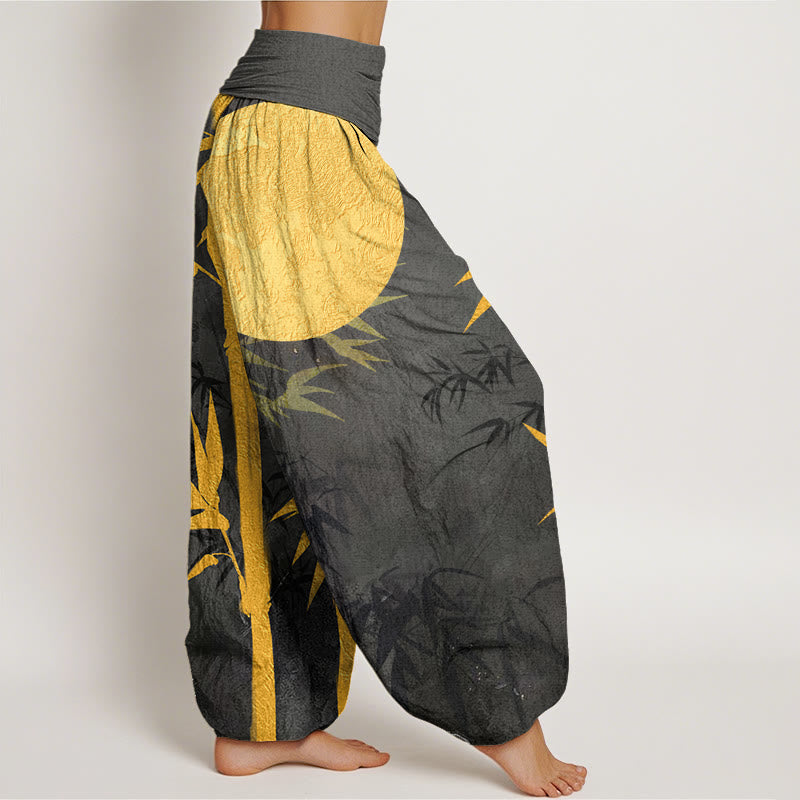 Pantalones bombachos de cintura elástica para mujer con estampado de hojas de bambú , Buddha Stones y luna llena de algodón. - image 9
