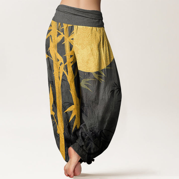 Pantalones harén con cintura elástica para mujer, con diseño de hojas de bambú y luna llena, de Buddha Stones - image 9