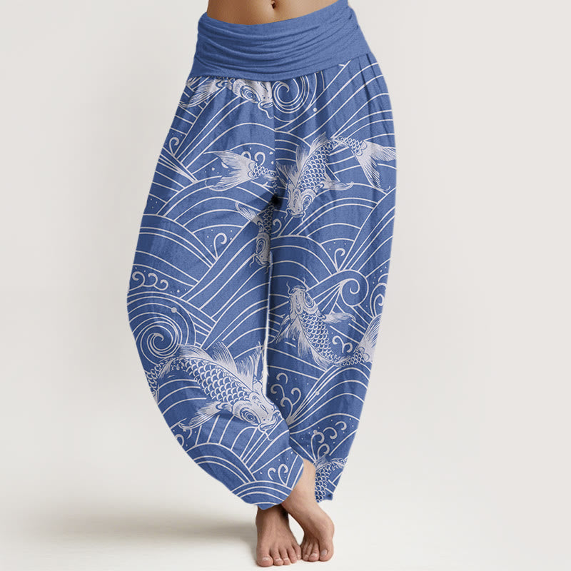 Pantalones harén con cintura elástica para mujer con estampado de ondas de peces koi y piedras de Buddha Stones - Azul real - US22，UK/AU26，EU54 (6XL) - image 1