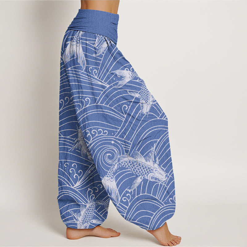 Pantalones harén con cintura elástica para mujer con estampado de ondas de peces koi y piedras de Buddha Stones - image 3