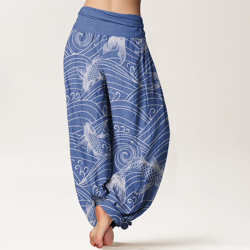 Pantalones harén con cintura elástica para mujer con estampado de ondas de peces koi y piedras de Buddha Stones - image 2