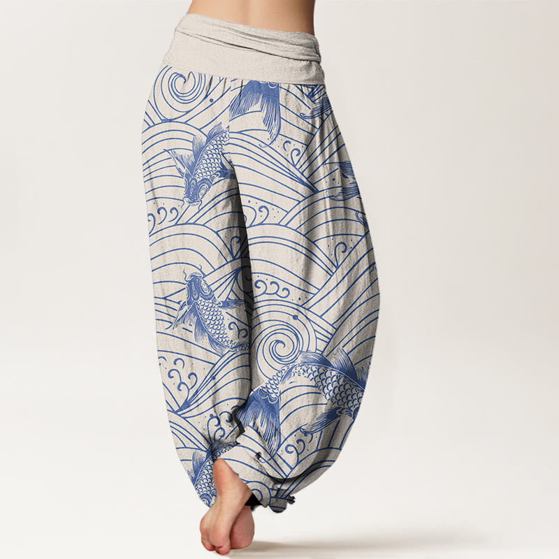 Pantalones harén con cintura elástica para mujer con estampado de ondas de peces koi y piedras de Buddha Stones - image 6