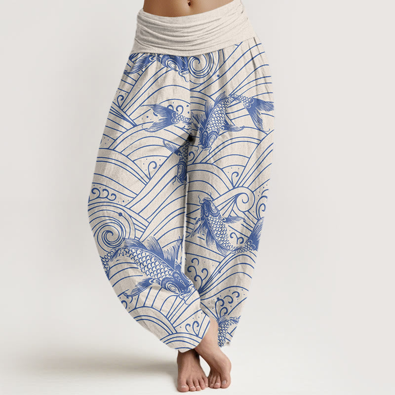 Pantalones harén con cintura elástica para mujer con estampado de ondas de peces koi y piedras de Buddha Stones - Beige - US22，UK/AU26，EU54 (6XL) - image 5