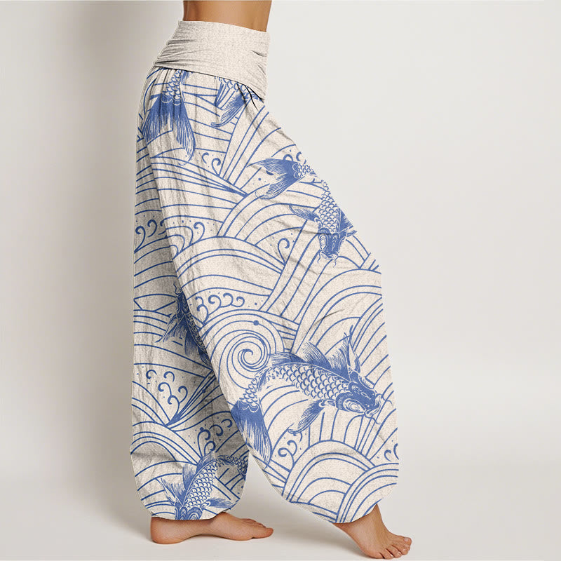 Pantalones harén con cintura elástica para mujer con estampado de ondas de peces koi y piedras de Buddha Stones - image 7
