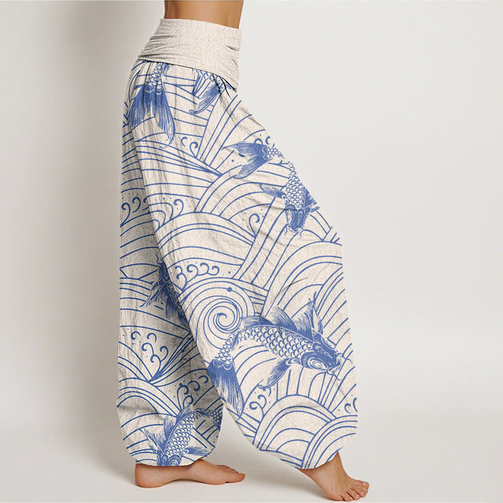 Pantalones harén con cintura elástica para mujer con estampado de ondas de peces koi y piedras de Buddha Stones - image 7