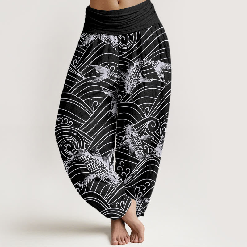 Pantalones harén con cintura elástica para mujer con estampado de ondas de peces koi y piedras de Buddha Stones - Negro - US22，UK/AU26，EU54 (6XL) - image 8