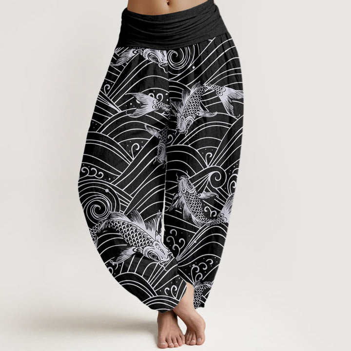 Pantalones harén con cintura elástica para mujer con estampado de ondas de peces koi y piedras de Buddha Stones - Negro - US22，UK/AU26，EU54 (6XL) - image 8