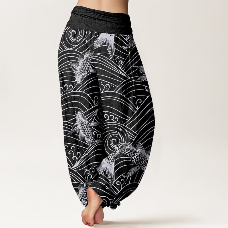 Pantalones harén con cintura elástica para mujer con estampado de ondas de peces koi y piedras de Buddha Stones - image 9
