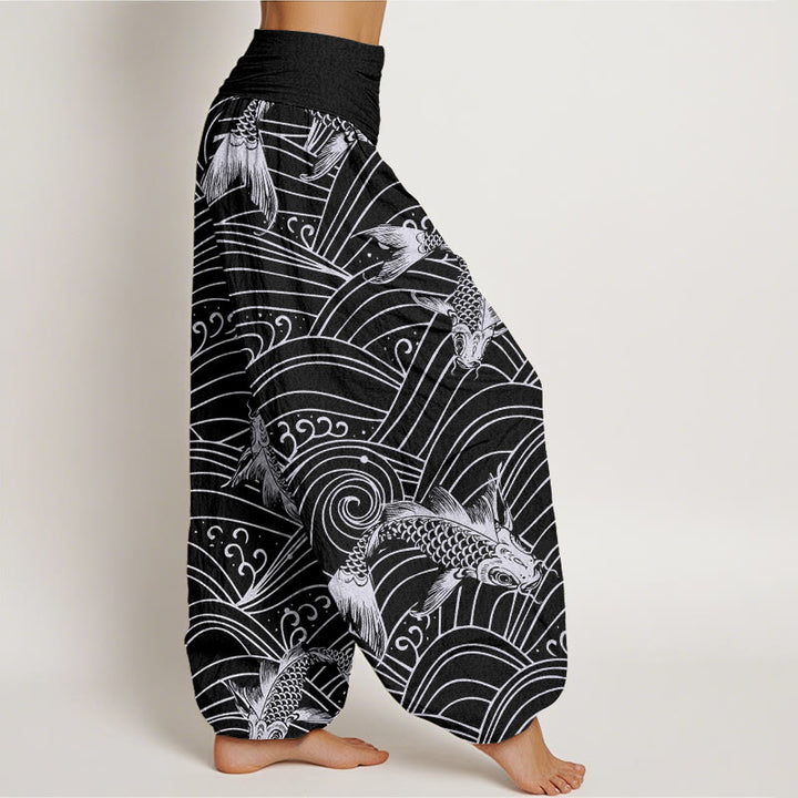 Pantalones harén con cintura elástica para mujer con estampado de ondas de peces koi y piedras de Buddha Stones - image 10